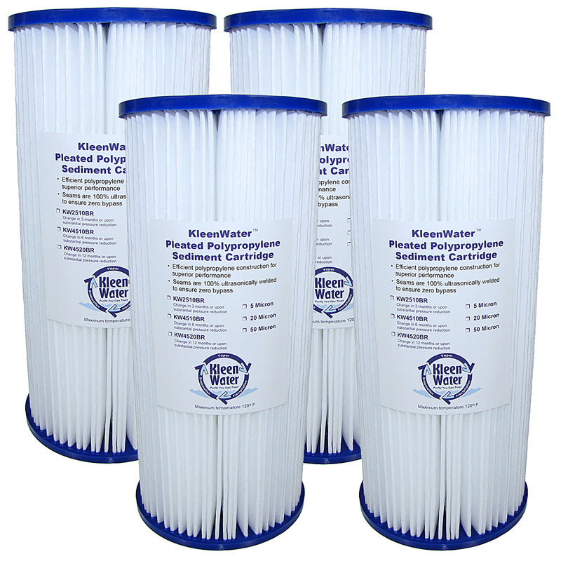 Four 4.5 x 10 Inch Pleated Dirt/Sediment Water Filter Cartridges - Kleenwater