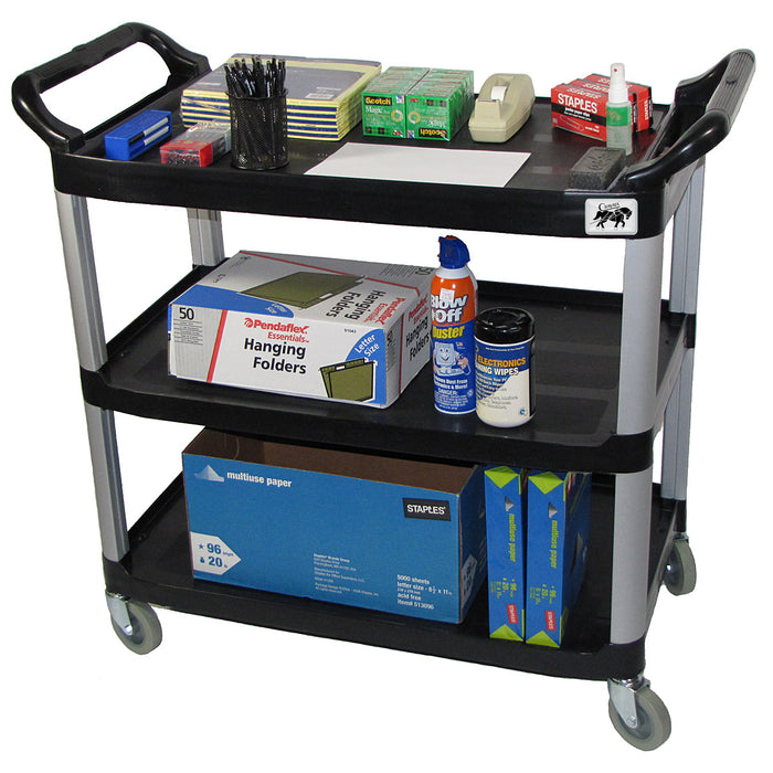 RW Clean Black Plastic Small Heavy-Duty Rolling Utility Cart - 3 Shelves -  32 x 17 x 35 3/4 - 1 count box